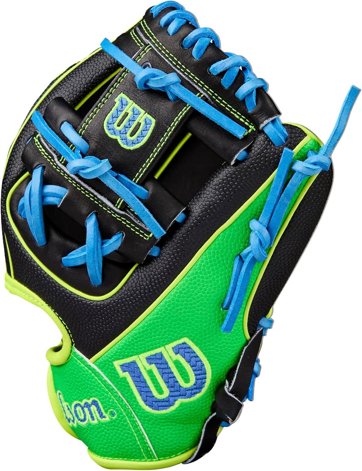 imageWilson Fall 2025 A2000 Baseball GlovesBlackNeon Green Sky Blue