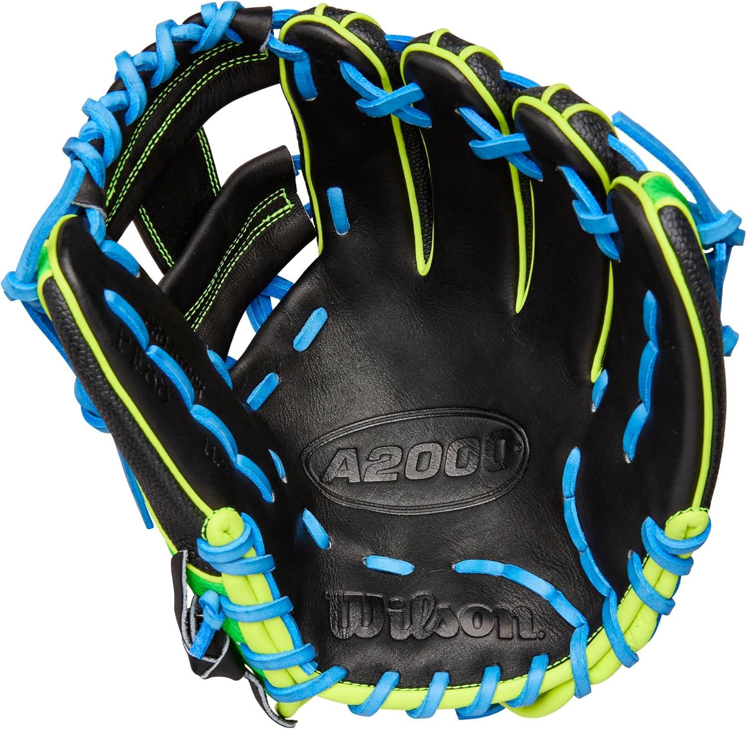 imageWilson Fall 2025 A2000 Baseball GlovesBlackNeon Green Sky Blue