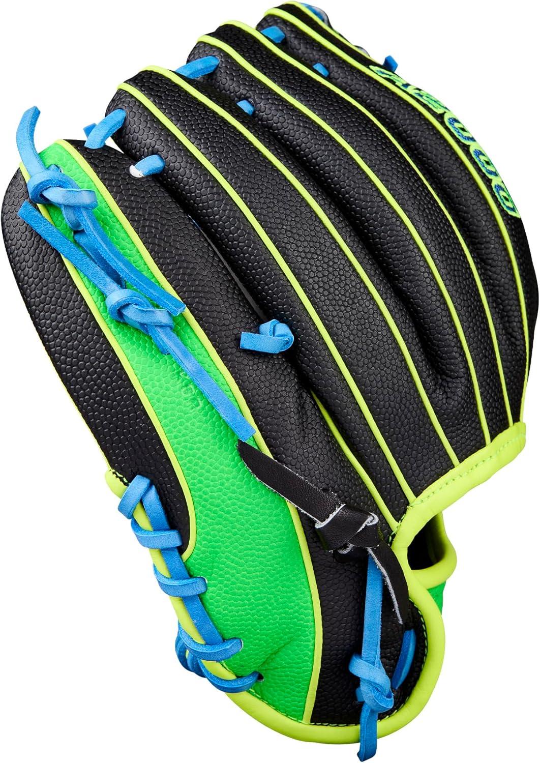 imageWilson Fall 2025 A2000 Baseball GlovesBlackNeon Green Sky Blue