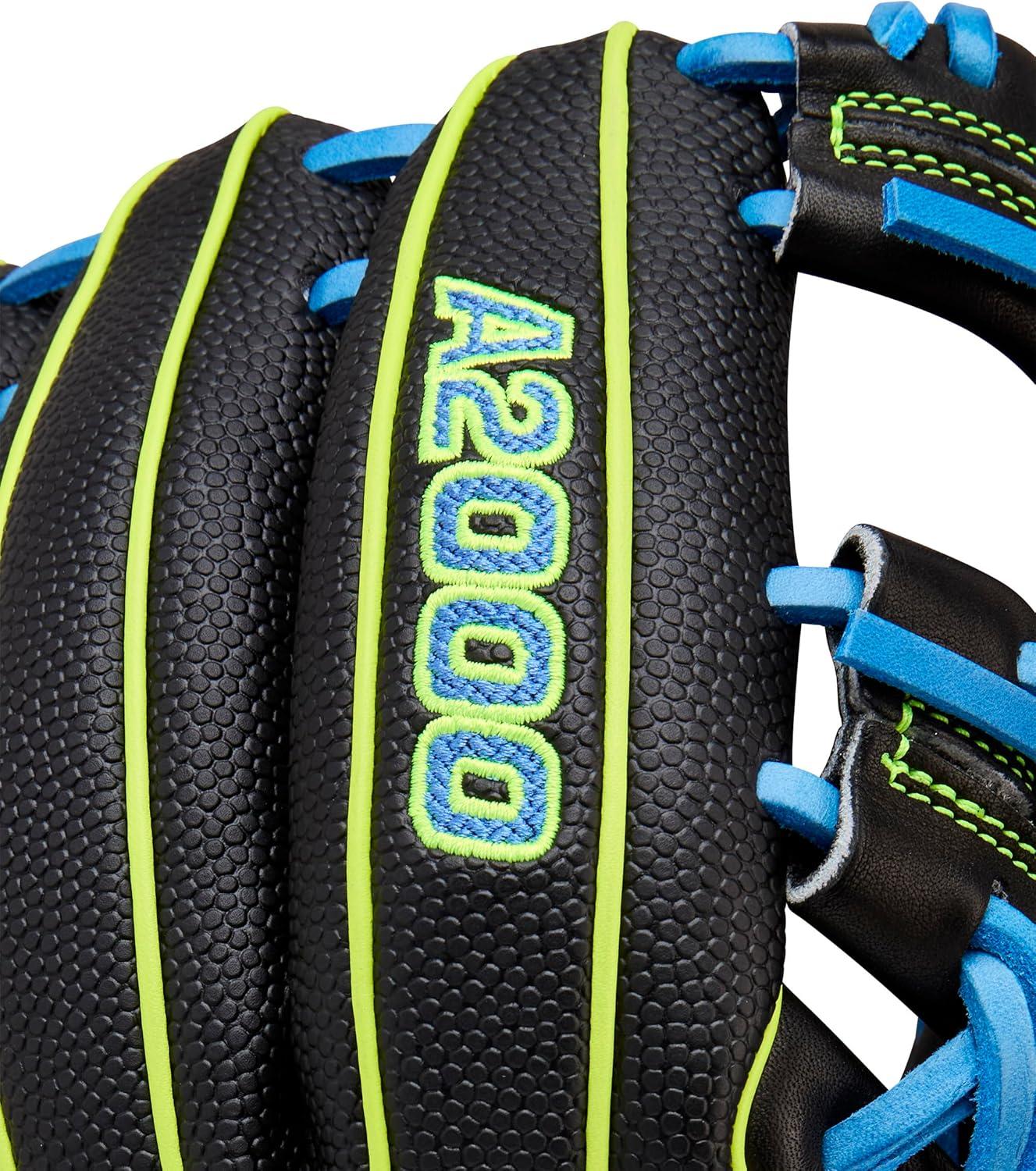 imageWilson Fall 2025 A2000 Baseball GlovesBlackNeon Green Sky Blue