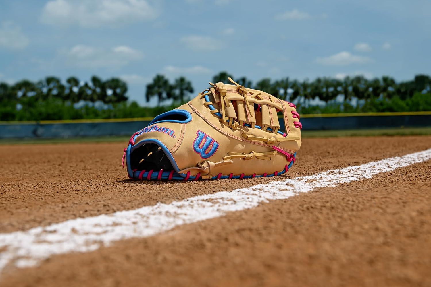 imageWilson 2026 A1000 Baseball GlovesBlondeCool BlueFlamingo Pink