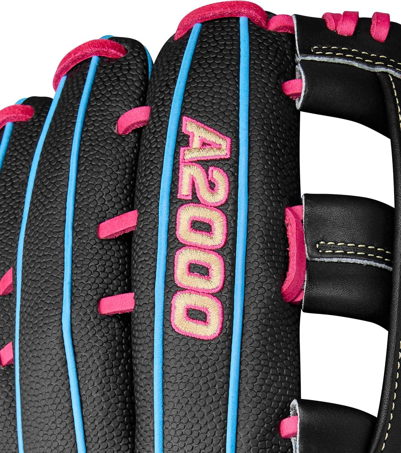 imageWilson Summer 2025 A2000 Baseball GlovesBlackSky BlueFlamingo