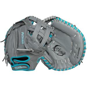 Wilson 2024 A500™ Siren™ 32” Youth Fastpitch Softball Catcher’s Mitt – Right Hand Throw, Grey/Teal/White(32″)