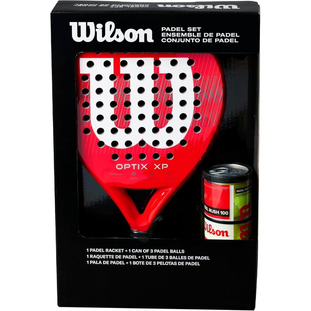 imageWilson Optix XP Padel Kit Red Featuring the red Optix XP Paddle and Three Wilson Rush 100 Balls